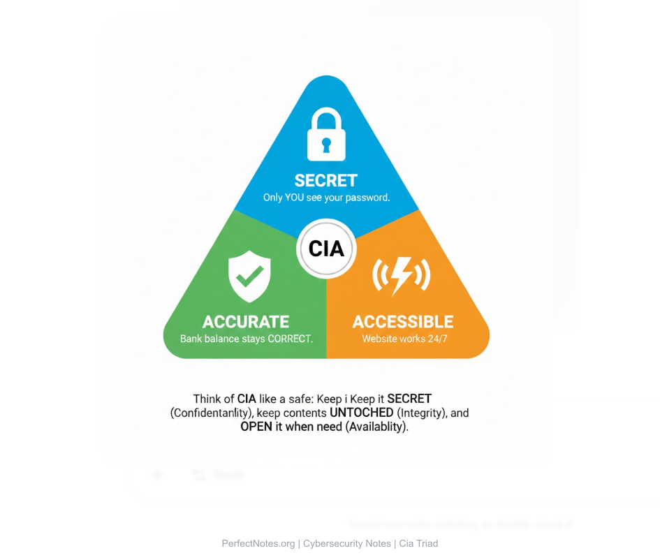 The CIA Triad Triangle showing the three pillars: Confidentiality (lock), Integrity (shield), and Availability (lightning bolt)